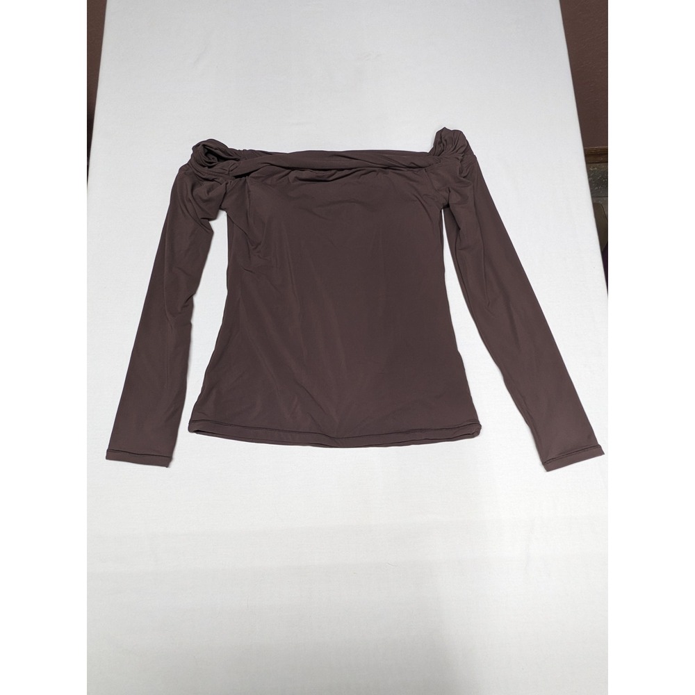 SUUKSESS Womens Brown Off The Shoulder Long Sleeve Twisted Top Small